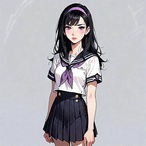 Anime-style digital drawing of a cute, fair-skinned teenage girl with black hair, purple eyes, wearing a white sailor uniform with a purple scarf and