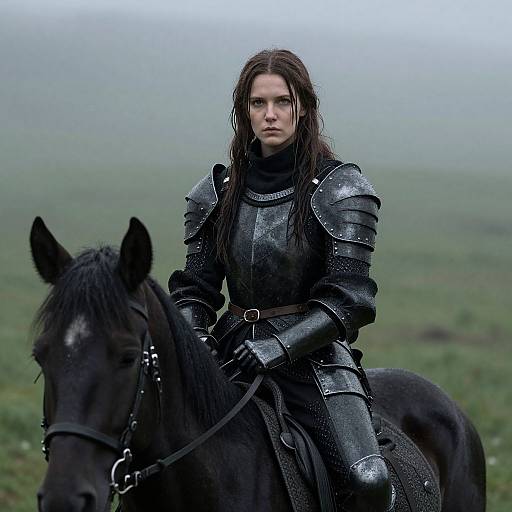 Photograph of a serious, long-haired woman in black, shiny medieval armor riding a black horse in a misty, green field.