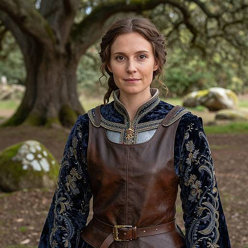 Photograph of a young woman with fair skin, brown hair in a braid, wearing a medieval-style blue velvet and brown leather dress, standing in
