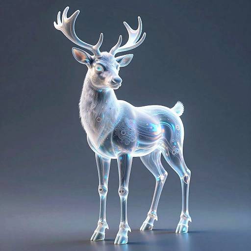 Photorealistic CGI of a glowing, transparent white deer with intricate patterns, standing against a dark blue gradient background.