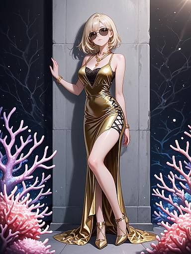 Anime-style Woman in Gold Bodycon Dress