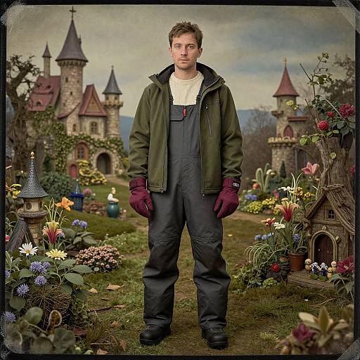 Photograph of a young man in green jacket, black overalls, and maroon gloves, standing in a vibrant, fairy-tale garden with colorful