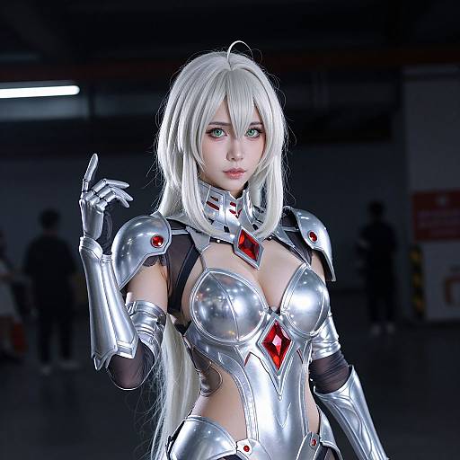 CGI image of a beautiful anime-style woman with long white hair, wearing shiny silver armor with red gemstones, in a dark industrial setting, pointing