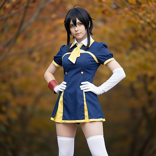CGI image of a young woman with black hair, blue and yellow short dress, white gloves, and thigh-high stockings, standing confidently in an autumn