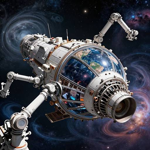Digital illustration of a futuristic space station with a clear, Earth-viewing dome, surrounded by swirling galaxies and stars in deep space.