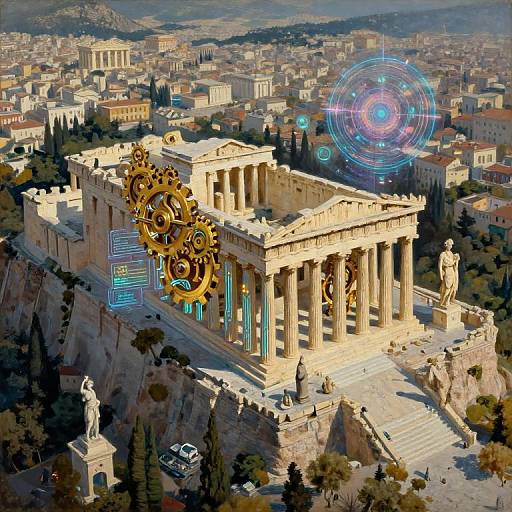 Digital illustration of the Parthenon in Athens with golden gears and glowing blue circles, set against a detailed cityscape background.
