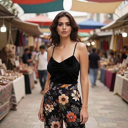 Photograph of a brunette woman with wavy hair, wearing a black spaghetti strap top and floral high-waisted pants, standing in a colorful outdoor