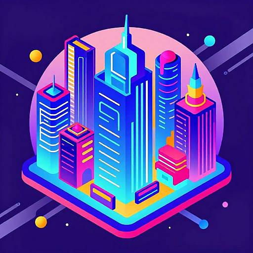 Neon-lit, digital illustration of a vibrant, futuristic cityscape with glowing skyscrapers, colorful accents, and a circular pink backdrop against a