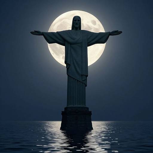 Photograph of a silhouetted Jesus statue with outstretched arms, standing on water, against a glowing full moon in a dark, blue
