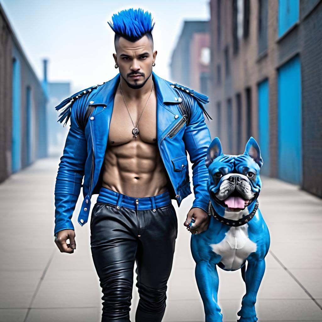 Bold Mohawk Man with Bulldog Companion