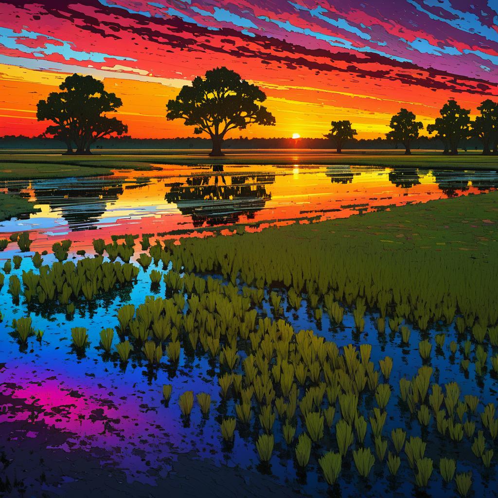 Vibrant Sunset Over Marshy Delta Landscape