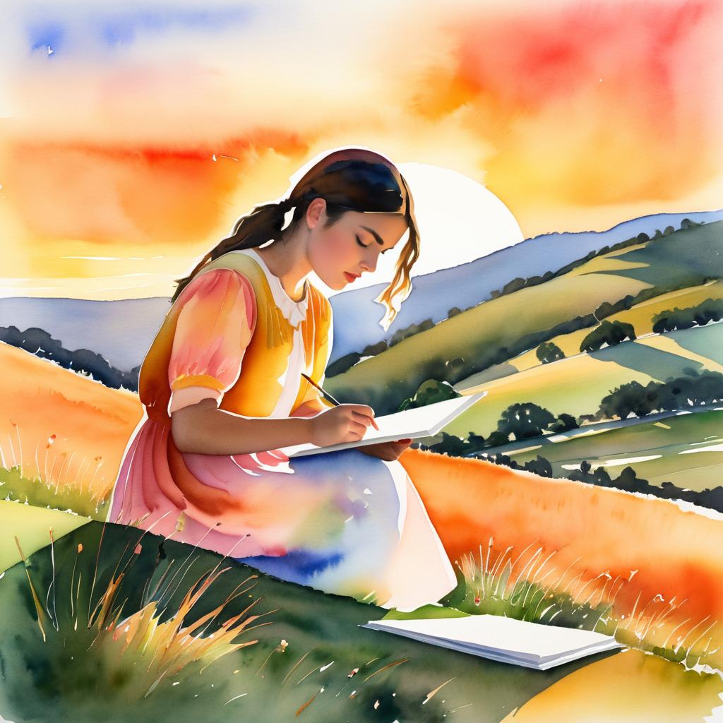 Teenage Artist in Vibrant Sunset Landscape