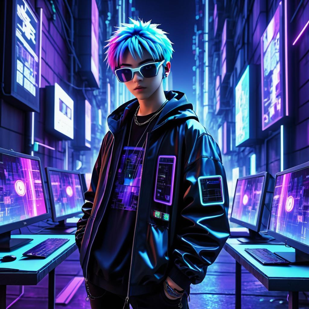 Futuristic Teen Hacker in Neon Alleyways