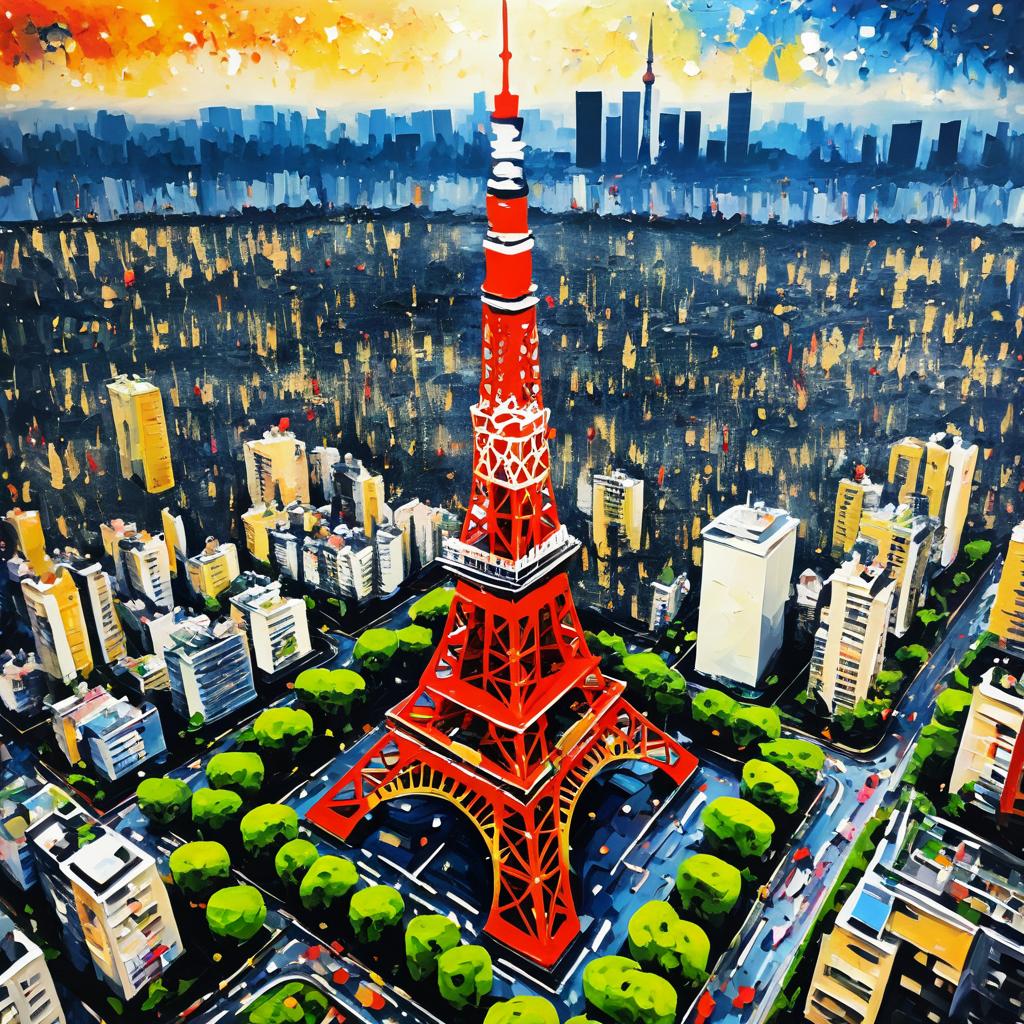 Abstract Tokyo Tower in Pollock Style