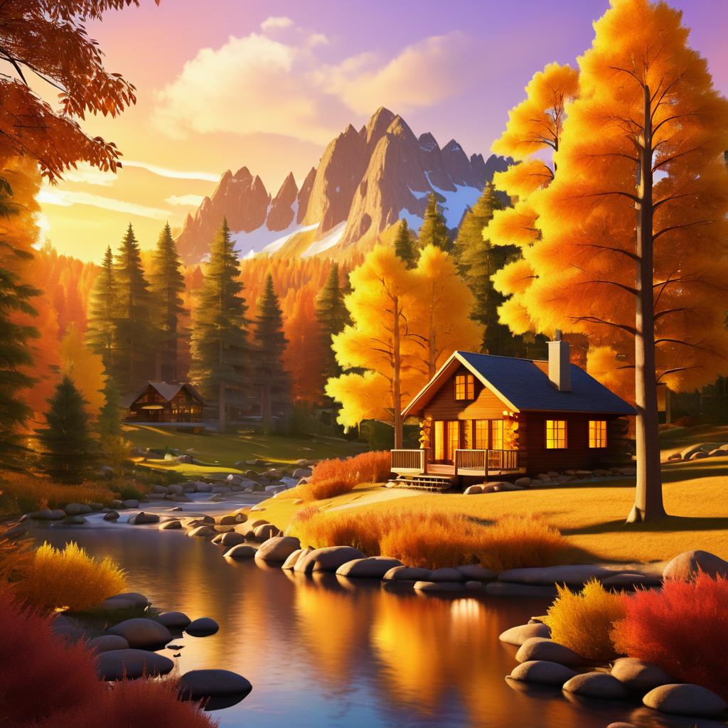 Cozy Cabin Amidst Autumn Sunset Beauty