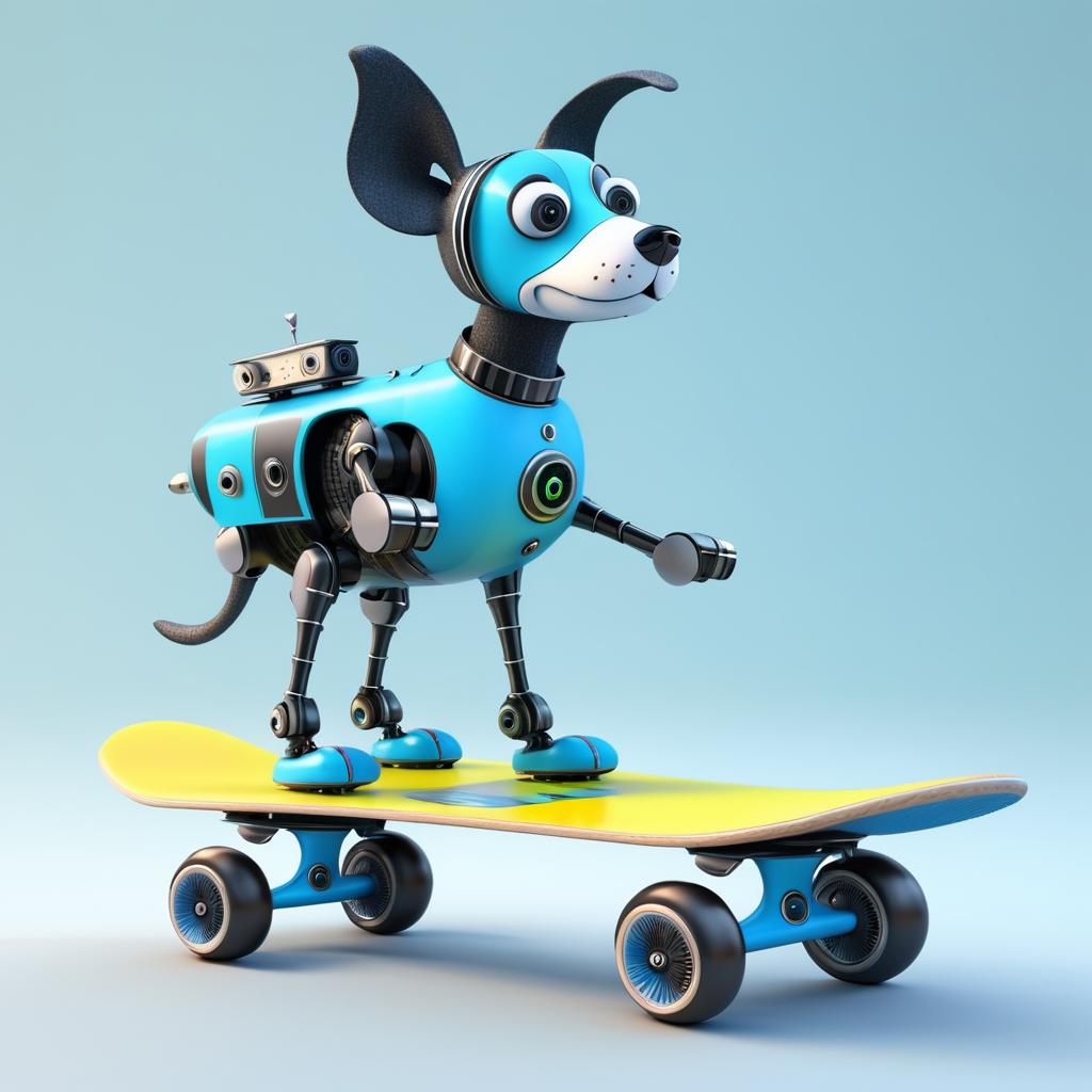 Whimsical 3D Robotic Dog on Skateboard