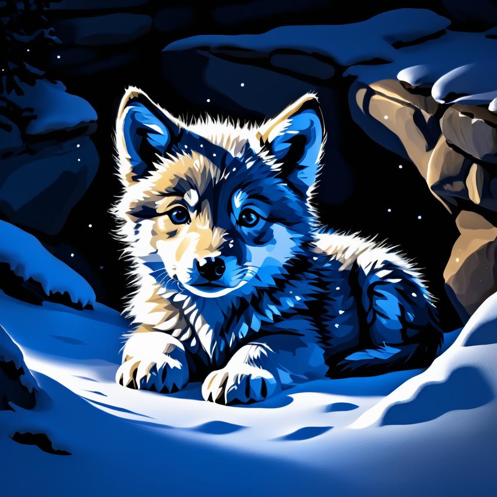 Moonlit Baby Wolf Pup in Snowy Den