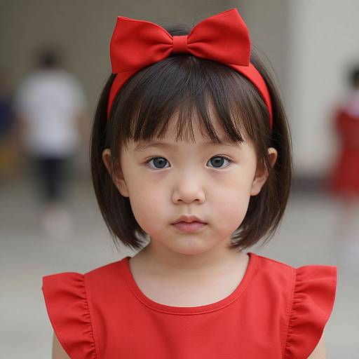 Photograph of an Asian toddler with straight black hair, wearing a large red bow and red dress, standing indoors, with a blurred background.