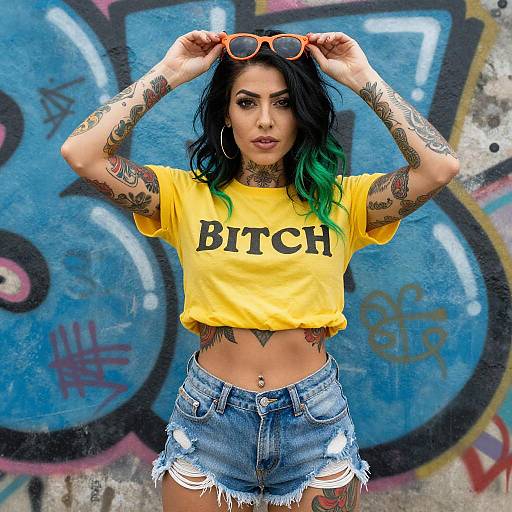 Tattooed Woman with Green Hair and Sunglasses