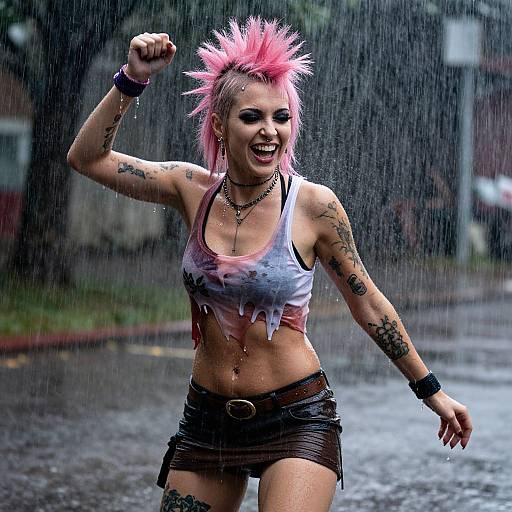 Punk Woman Dancing in Rainstorm