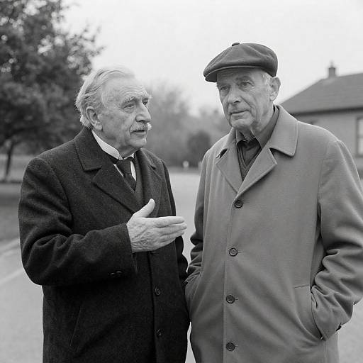 Two older men talking outdoors in black-and-white