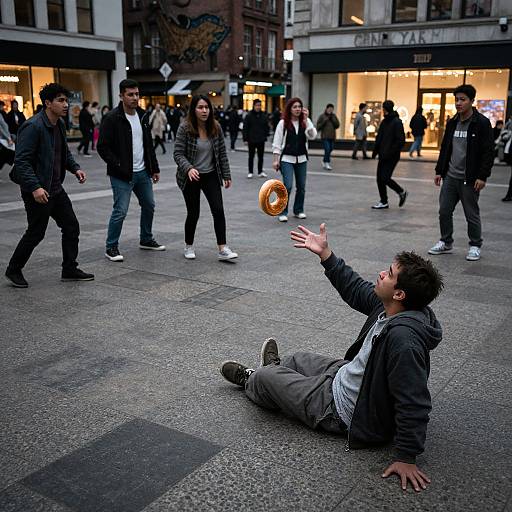 Photograph of a street scene: a man with curly hair sits on the ground, catching a soccer ball, surrounded by casually dressed pedestrians in a bustling