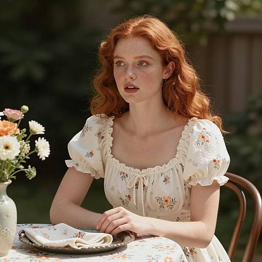 Surprised Red-Haired Woman in Floral Setting