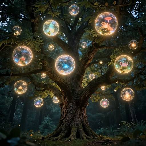 Photograph of a dark forest tree with glowing, fish-filled glass bubbles hanging from its branches, creating a magical, ethereal scene.