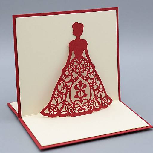 Photograph of a red cut-out silhouette of a woman in a floral-patterned ball gown on a white and red card.