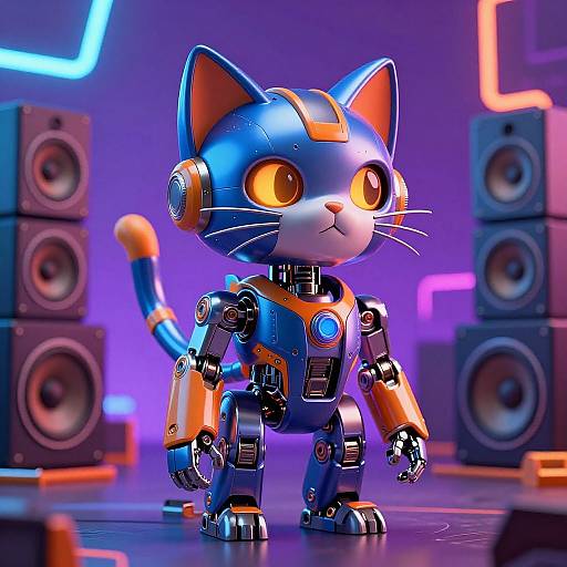 Futuristic 3D Robotic Cat Neon Room