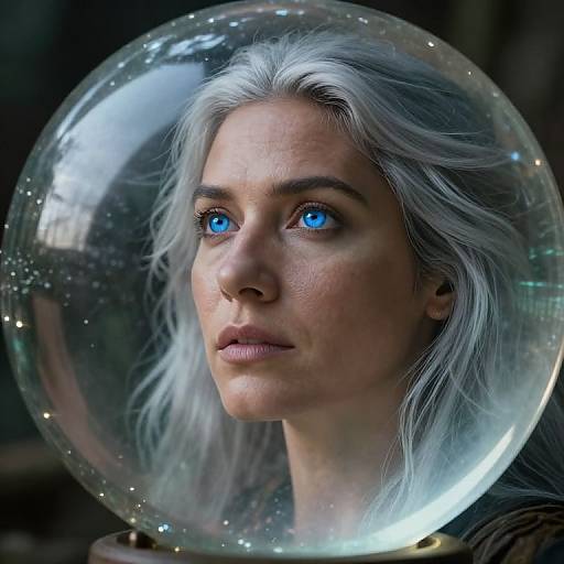 Photorealistic CGI of a fair-skinned woman with silver hair, glowing blue eyes, and wearing a transparent space helmet, gazing upward with a