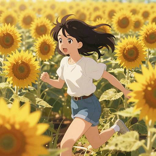 Anime Girl Running Through Sunflowers