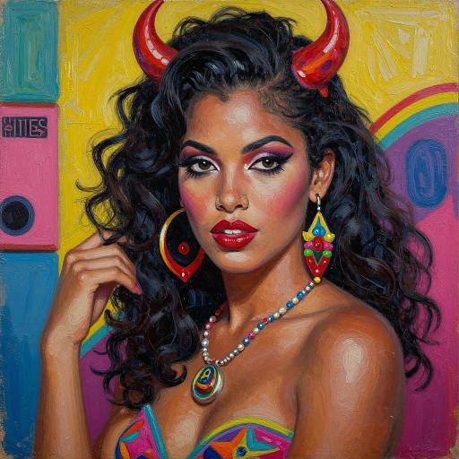 Digital painting of a curvy, dark-skinned woman with red horns, curly black hair, vibrant red lips, colorful necklace, hoop earrings, against