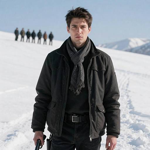 Serious Man in Snowy Landscape with Gun