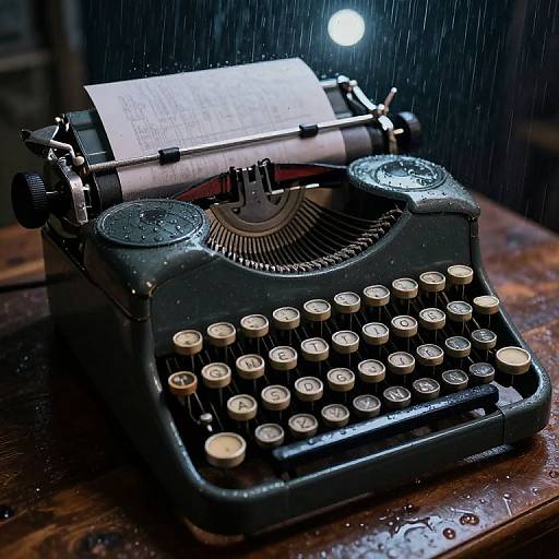 Photograph of a vintage black typewriter with wet keys and paper, illuminated by a bright light bulb in rainy darkness.