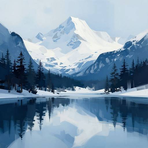 Digital painting of a serene mountain landscape with snow-capped peaks, dark pine trees, and a reflective, blue-toned lake.