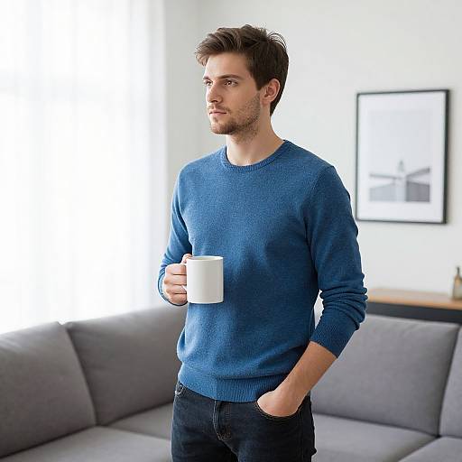 Photograph of a handsome, bearded man with brown hair, wearing a blue sweater and dark jeans, holding a white mug in a modern, sun