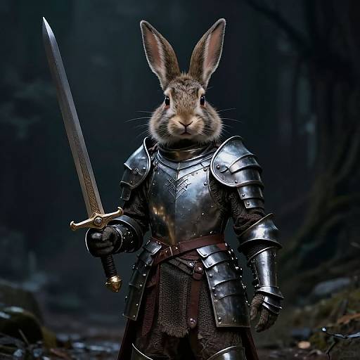 Digital artwork of a rabbit in medieval armor, holding a sword, standing in a dark, forested background. The rabbit's alert expression contrasts with the