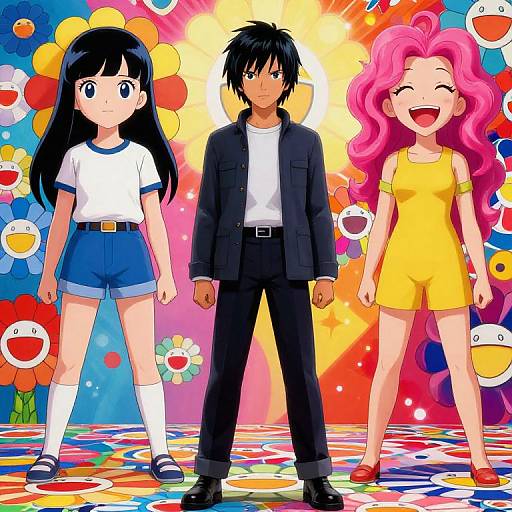 Anime-style illustration of a black-haired boy in a suit, a black-haired girl in shorts, and a pink-haired girl in a yellow dress, standing