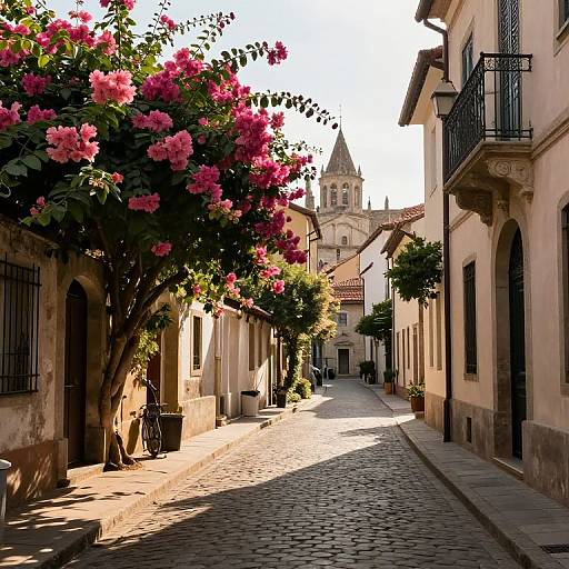 Photograph of a sunlit, cobblestone street in a European village, lined with blooming pink bougainvillea, historic beige buildings with
