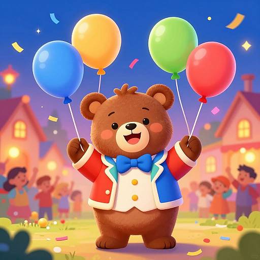 Cute cartoon brown bear in red and blue jacket, holding colorful balloons, celebrates outdoors at night with blurred cheering children.