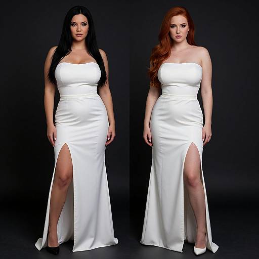 Photograph of two women in white, strapless, floor-length evening gowns with thigh-high slits, one with black hair and the other with