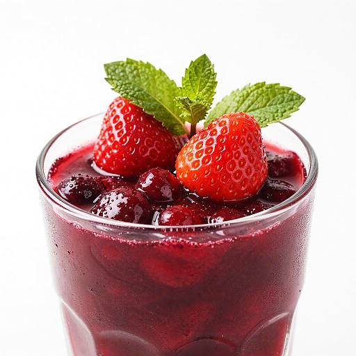 Photograph of a glass of deep red berry smoothie with two bright red strawberries and a green mint sprig on top.