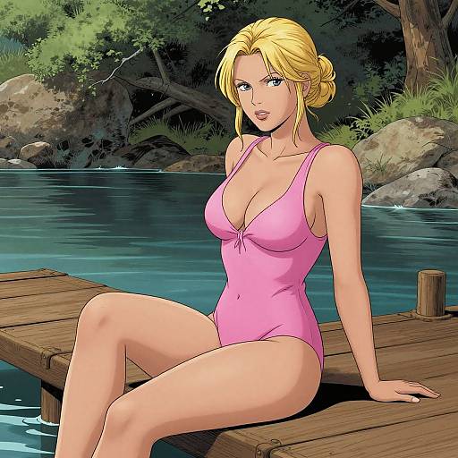 Digital anime-style drawing of a blonde woman with blue eyes, wearing a pink one-piece swimsuit, sitting on a wooden dock by a serene, forest