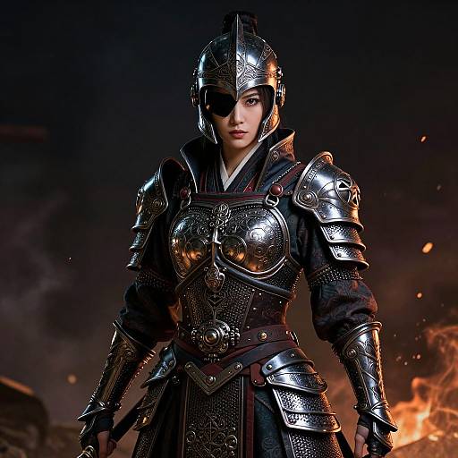 CGI image of a fierce, young woman in shiny, medieval armor with an eye patch, standing against a dark, fiery background.