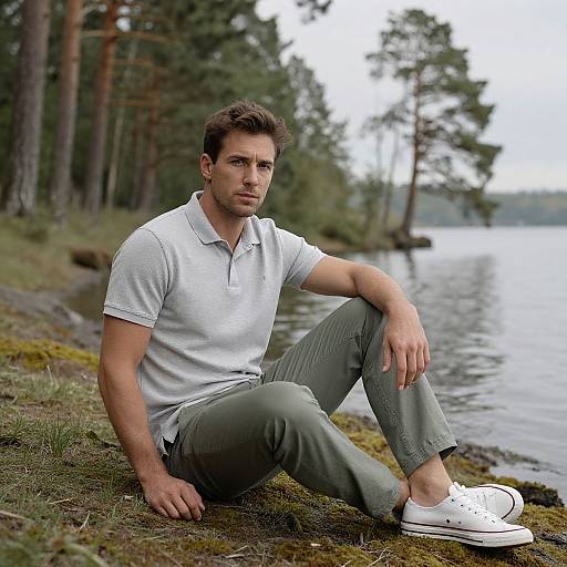 Photograph of a fit, brown-haired man with light stubble, sitting by a lake, wearing a white polo, green pants, and white sneakers