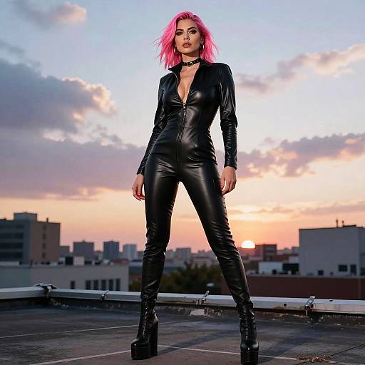 Confident Woman with Pink Hair at Sunset