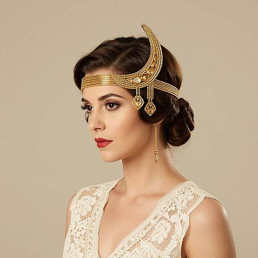 Photograph of a woman with fair skin and dark hair, wearing a gold headpiece, red lipstick, and white lace dress, against a beige background