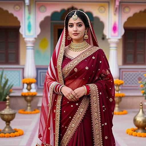 Photograph of a South Asian bride in a red and gold traditional lehenga, adorned with jewelry, standing in a colorful, ornate courtyard with mar