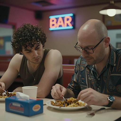 Two Men Eating in Dimly Lit Diner